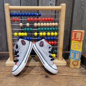 Converse All Star, easy on, infant/toddler size 7, gray/red/black, high tops